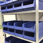 Small parts shelving 2100x1000x600, 32 bins 600x230x150 PPS +16 dividers