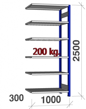 Lagerhylla följesektion 2500x1000x300 200kg/hyllplan,6 hyllor, blå/galv