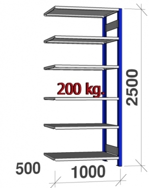 Lagerhylla följesektion 2500x1000x500 200kg/hyllplan,6 hyllor, blå/galv