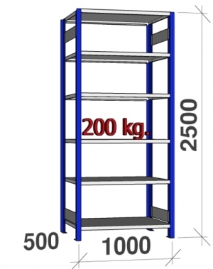 Starter bay 2500x1000x500 200kg/shelf,6 shelves, blue/light gray