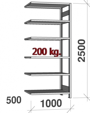 Lagerhylla följesektion 2500x1000x500 200kg/hyllplan,6 hyllor