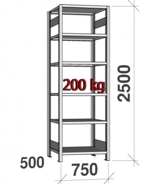Starter bay 2500x750x500 200kg/shelf,6 shelves