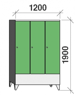 Klädskåp 3x400, 1900x1200x545 , kort dörrar, separationsvägg