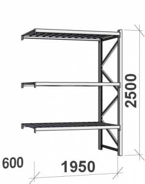 Lagerhylla följesektion 2500x1950x600 440kg/hyllplan,3 hyllor MAXI