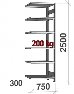 Lagerhylla följesektion 2500x750x300 200kg/hyllplan,6 hyllor begagn.