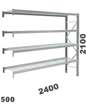 Lagerhylla följesektion 2100x2400x500, 300kg/hyllplan, 4 hyllor, näthyllplan