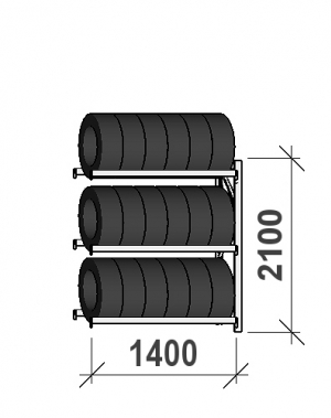 Däckställ följesektion 2100x1400x500, 3 hyllplan,600kg/plan begagn. MAXI