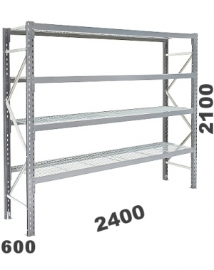 Lagerhylla startsektion 2100x2400x600, 300kg/hyllplan, 4 hyllor, näthyllplan