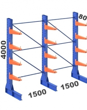 Enkelsidigt grenställ 3 st Pelare, 12 st Arm 800 mm/4000Hx3000Bx800D