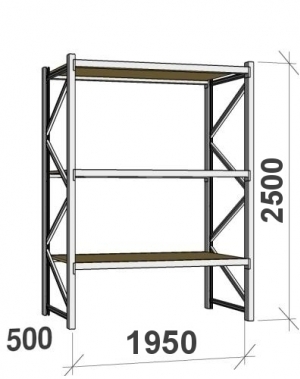 Lagerhylla startsektion 2500x1950x500 440kg/hyllplan,3 hyllor, spånskiva