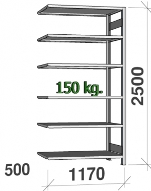 Lagerhylla följesektion 2500x1170x500 150kg/hyllplan,6 hyllor begagn.