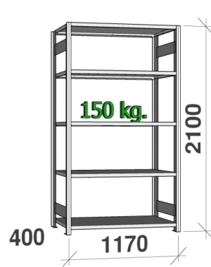 Lagerhylla startsektion 2100x1170x400 150kg/hyllplan,5 hyllor begagn.