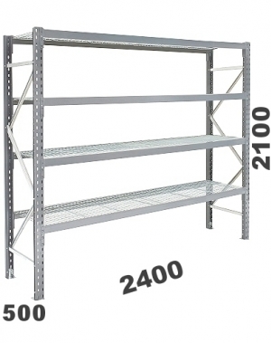 Lagerhylla startsektion 2100x2400x500, 300kg/hyllplan, 4 hyllor, näthyllplan