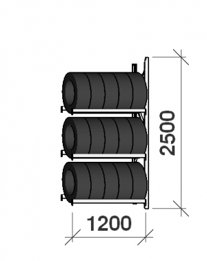 Däckställ följesektion 2500x1200x500, 3 hyllplan,600kg/plan