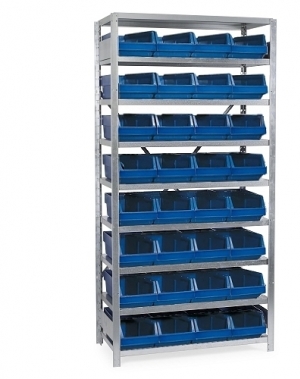 Small parts shelving 2100x1000x400, 32 bins 400x230x150 PPS +16 dividers