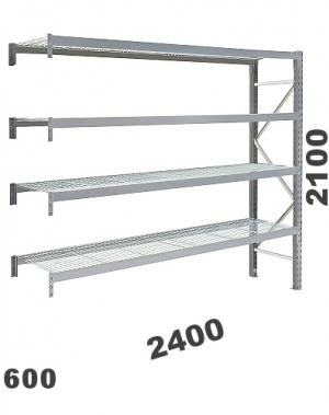 Lagerhylla följesektion 2100x2400x600, 300kg/hyllplan, 4 hyllor, näthyllplan