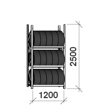 Däckställ startsektion 2500x1200x500, 3 hyllplan,600kg/plan