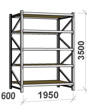 Lagerhylla startsektion 3500x1950x600 440kg/hyllplan,5 hyllor, spånskiva MAXI