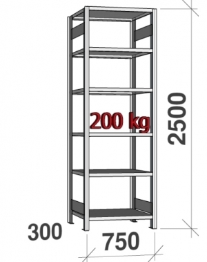 Lagerhylla startsektion 2500x750x300 200kg/hyllplan,6 hyllor begagn.