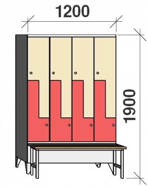 Z-skåp, 8 dörrar, 1900x1200x845, med bänk