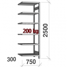 Lagerhylla följesektion 2500x750x300 200kg/hyllplan,6 hyllor begagn.