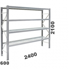 Lagerhylla startsektion 2100x2400x600, 300kg/hyllplan, 4 hyllor, näthyllplan