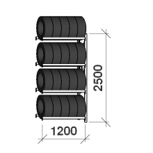 Däckställ följesektion 2500x1200x500, 4 hyllplan,600kg/plan