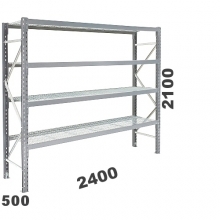 Lagerhylla startsektion 2100x2400x500, 300kg/hyllplan, 4 hyllor, näthyllplan