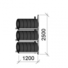 Däckställ följesektion 2500x1200x500, 3 hyllplan,600kg/plan