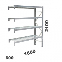 Lagerhylla följesektion 2100x1800x600, 480kg/hyllplan, 4 hyllor, näthyllplan