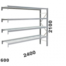 Lagerhylla följesektion 2100x2400x600, 300kg/hyllplan, 4 hyllor, näthyllplan