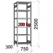 Lagerhylla startsektion 2500x750x300 200kg/hyllplan,6 hyllor begagn.